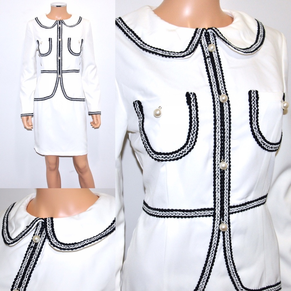 White Dress Black Tweed Trim & Pearl Buttons